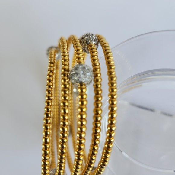 Hand Crafted Coil Memory Wire Bracelet Gold Hematite Silver Pave - Picture 6 of 7